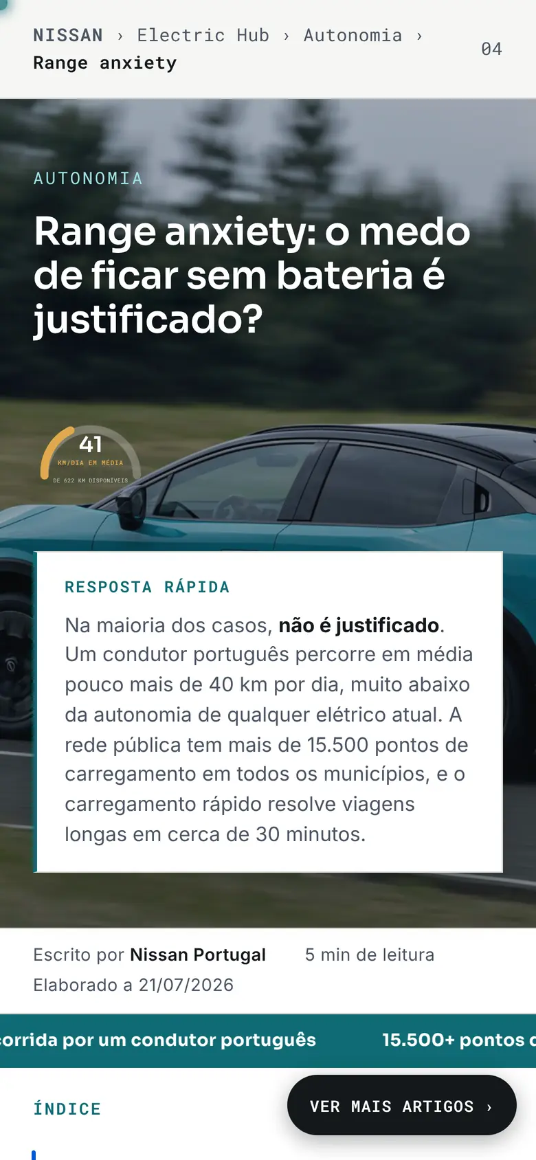 Article about range anxiety on a phone, with a quick-answer box